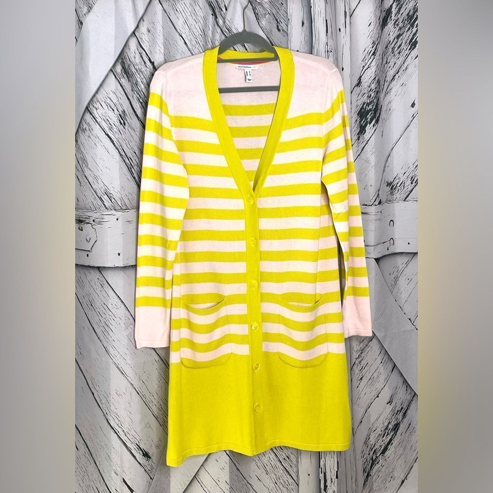 Isaac Mizrahi Live pink and lemon yellow striped long v-neck cardigan Size M